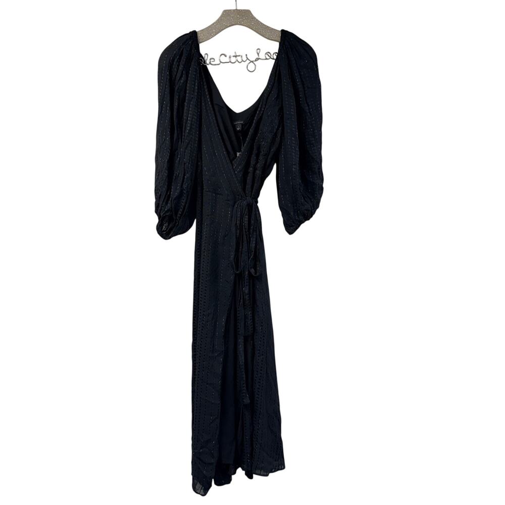Loft Puff Sleeve Wrap Dress Black Metallic Striped Midi Length 6 NWT